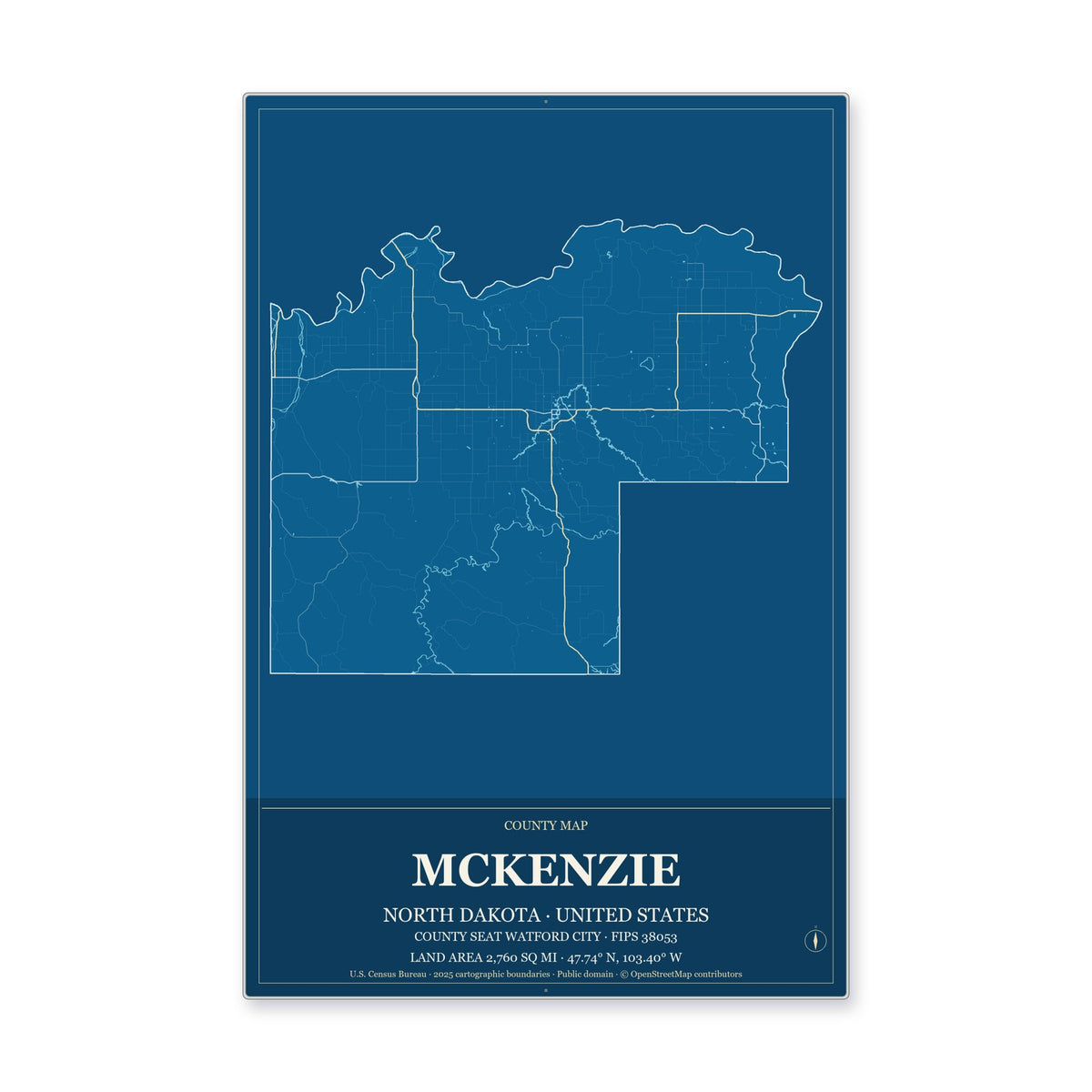 McKenzie County, North Dakota Map Aluminum Sign in Harbor Cobalt style