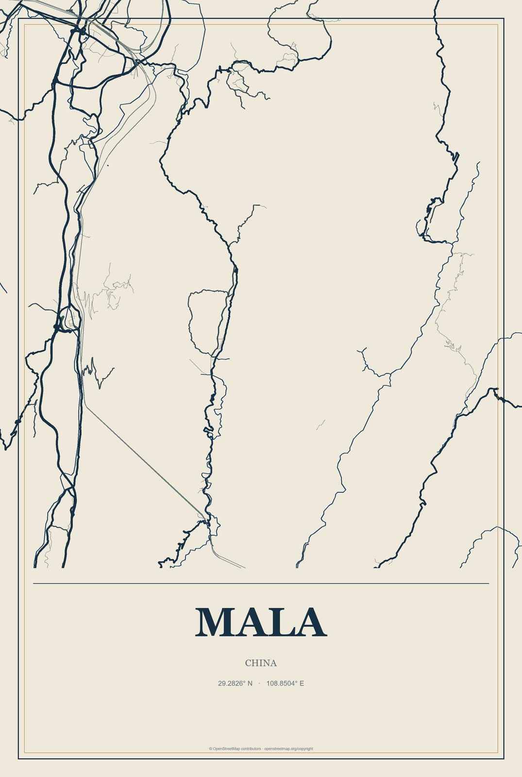 Mala, China City Map Aluminum Sign in Coastal Cutout style