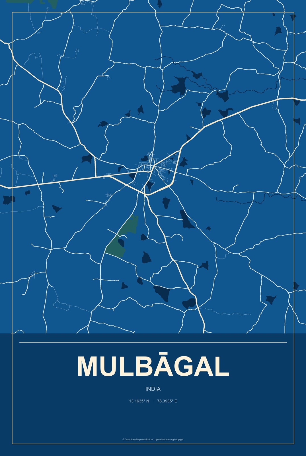 Mulbāgal, India City Map Aluminum Sign in Harbor Cobalt style