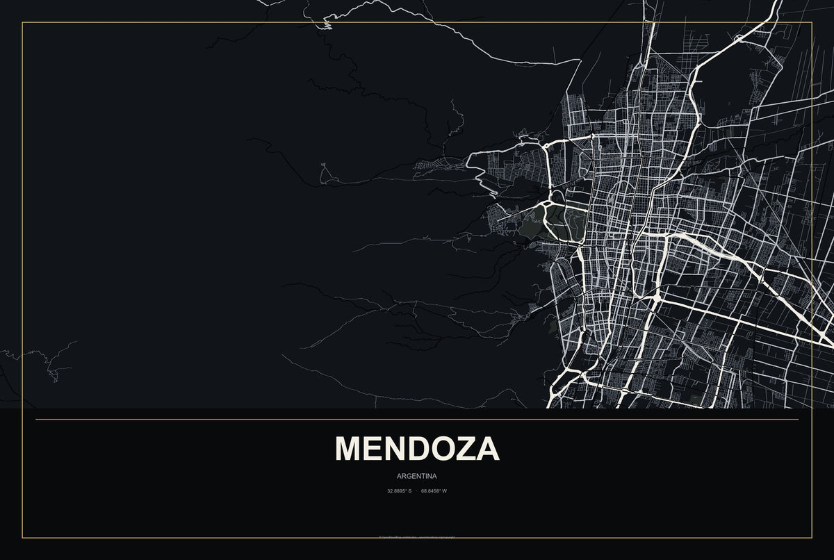 Mendoza, Argentina City Map Aluminum Sign in Metropolitan Noir style