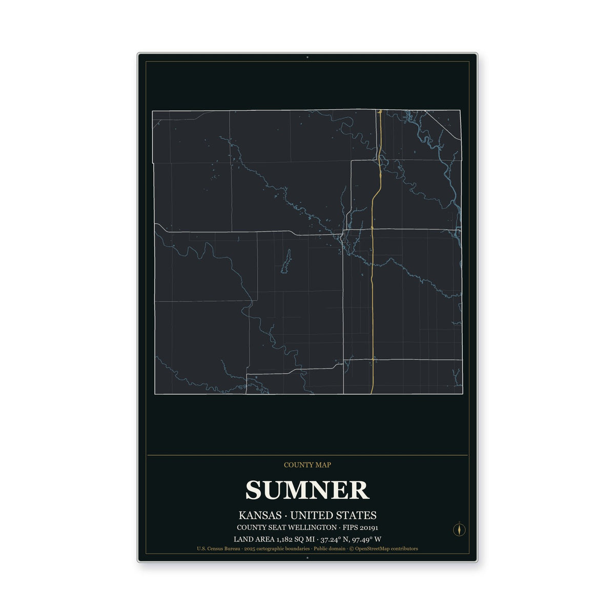 Sumner County, Kansas Map Aluminum Sign in Metropolitan Noir style