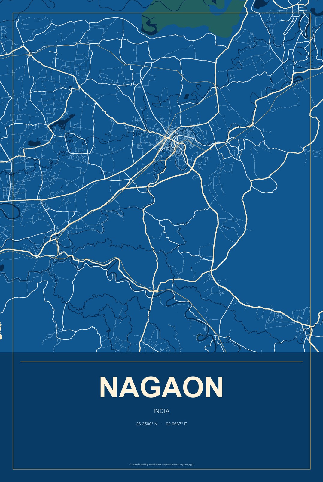 Nagaon, India City Map Aluminum Sign in Harbor Cobalt style