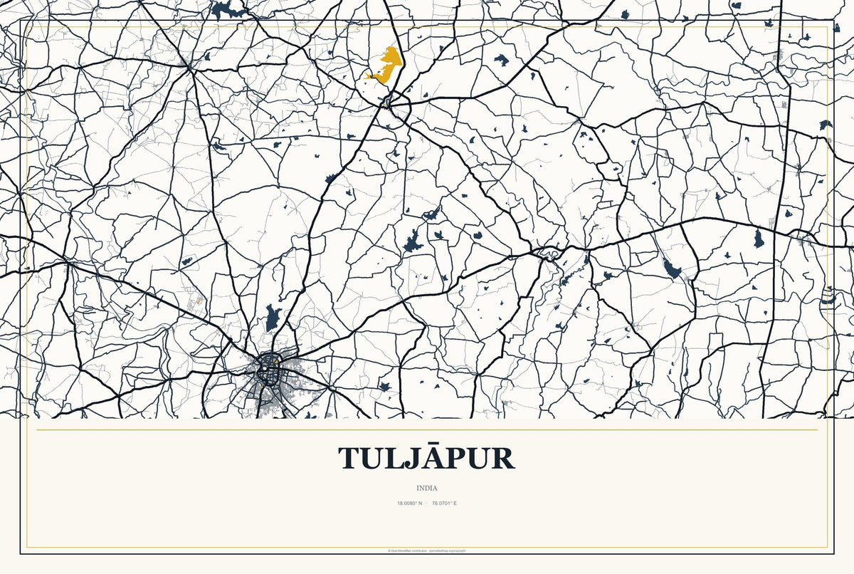 Tuljāpur, India City Map Aluminum Sign in Citrine Modern style