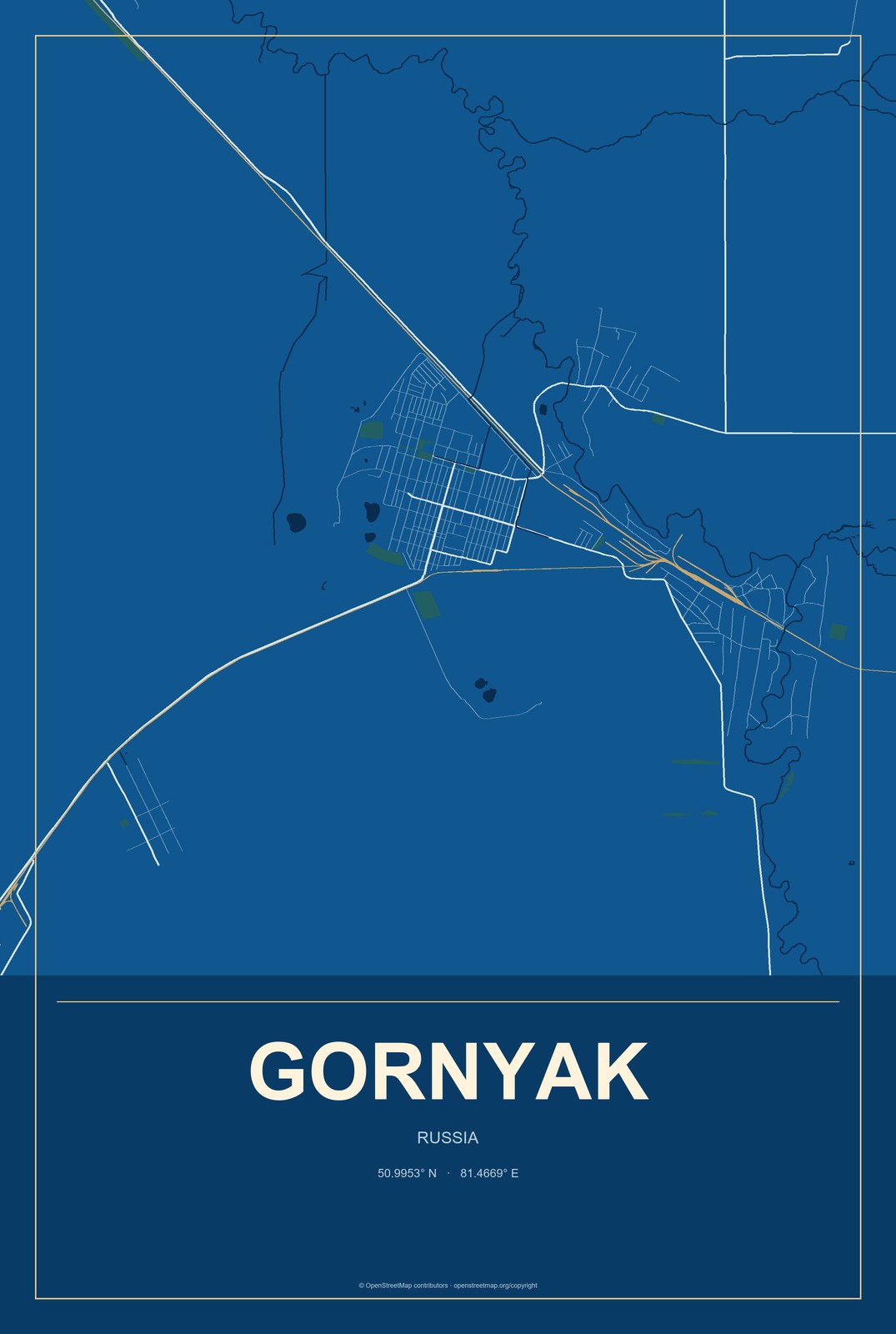 Gornyak, Russia City Map Aluminum Sign in Harbor Cobalt style