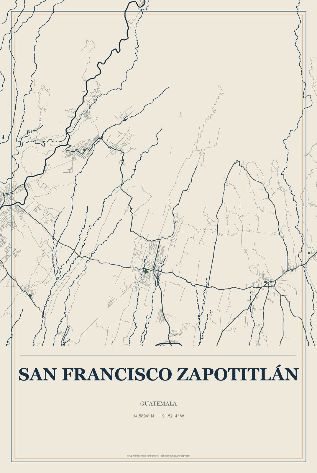 San Francisco Zapotitlán, Guatemala City Map Aluminum Sign in Coastal Cutout style