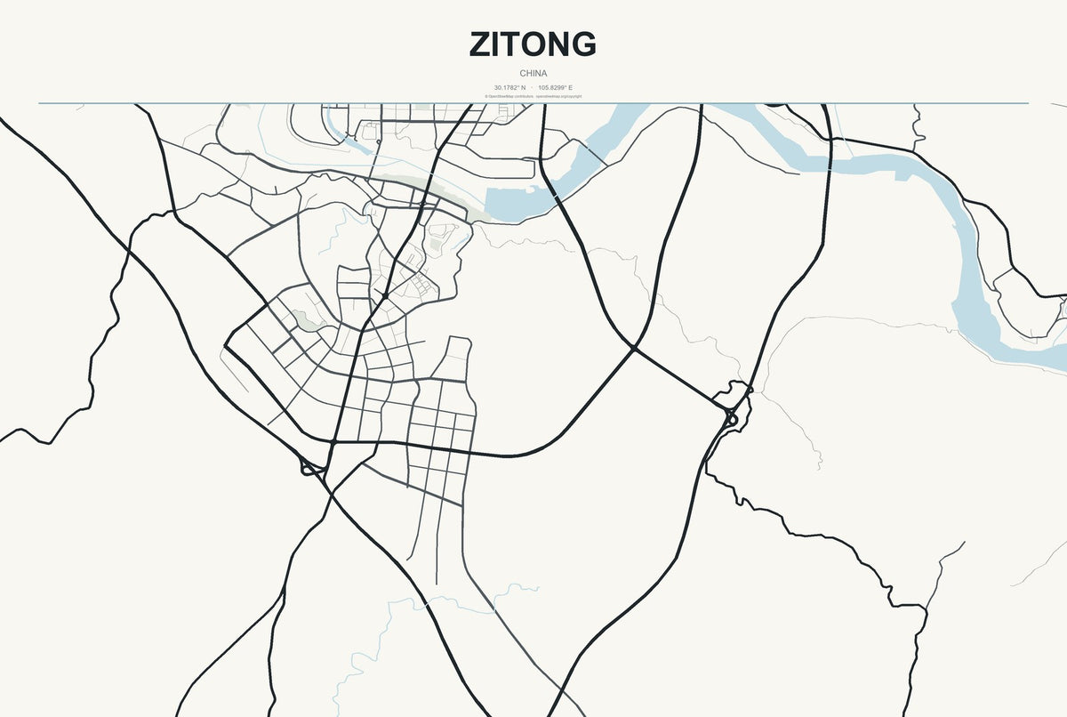Zitong, China City Map Aluminum Sign in Headline Atlas style