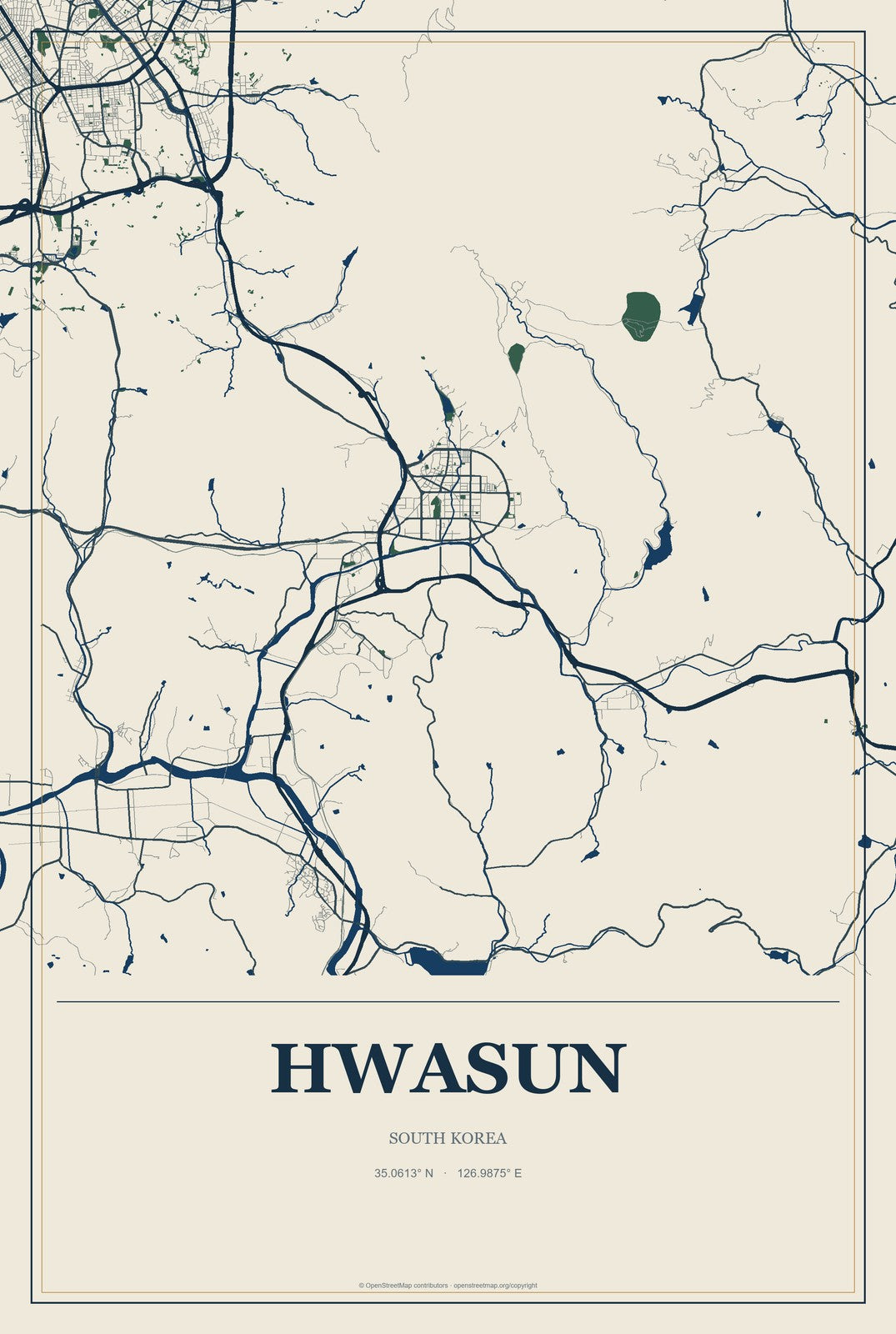 Hwasun, South Korea City Map Aluminum Sign in Coastal Cutout style