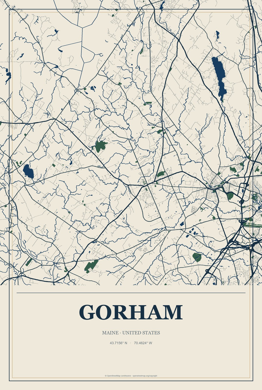 Gorham, Maine City Map Aluminum Sign in Coastal Cutout style