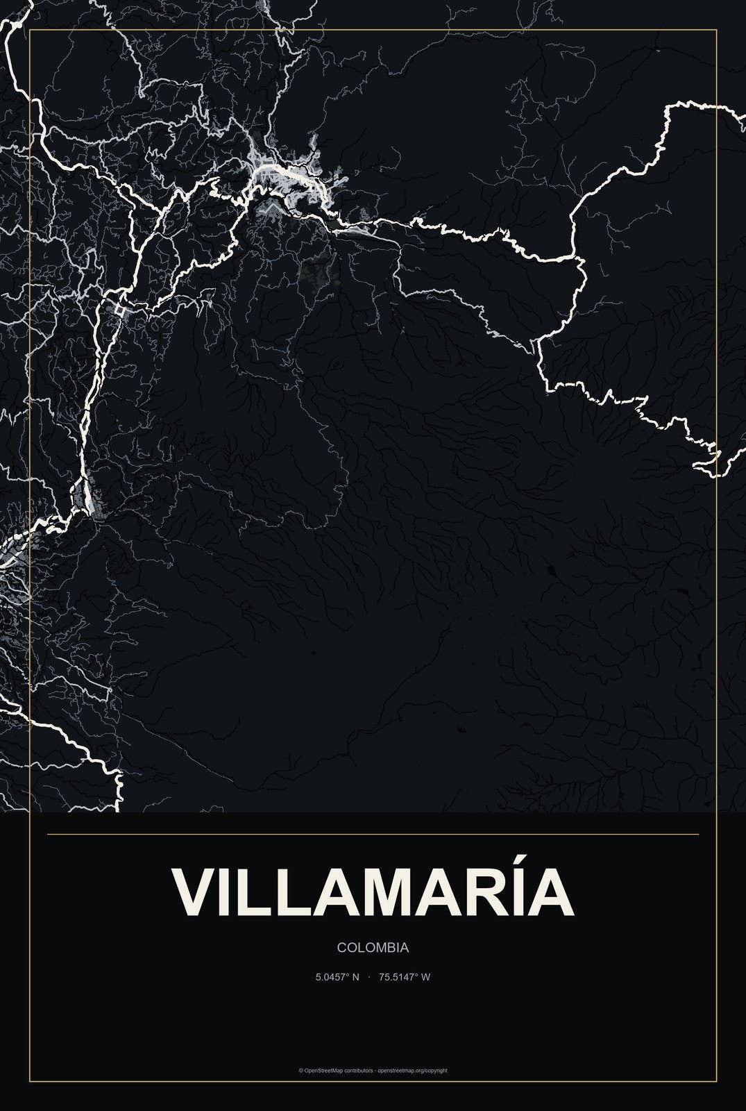 Villamaría, Colombia City Map Aluminum Sign in Metropolitan Noir style