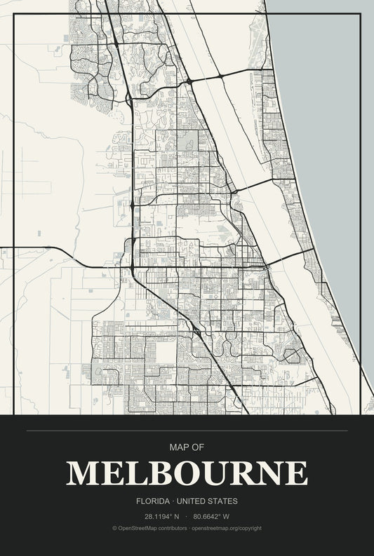 Melbourne, Florida City Map Aluminum Sign in Museum Plaque style