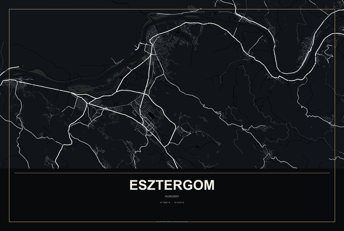 Esztergom, Hungary City Map Aluminum Sign in Metropolitan Noir style