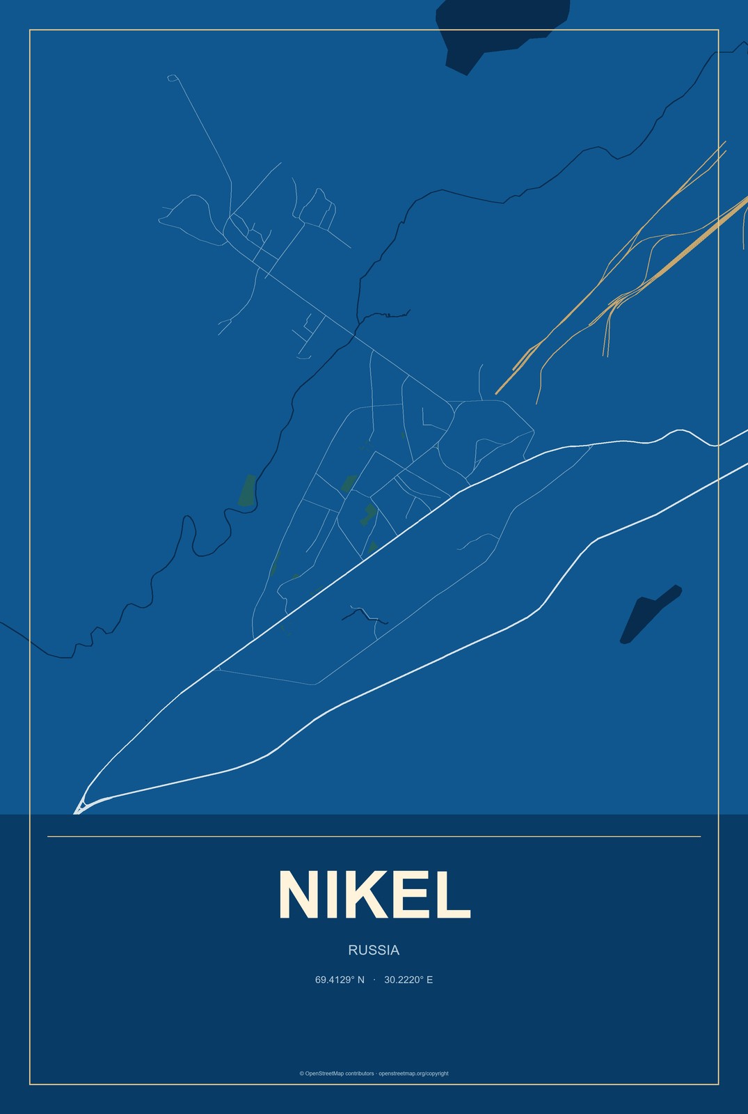 Nikel, Russia City Map Aluminum Sign in Harbor Cobalt style
