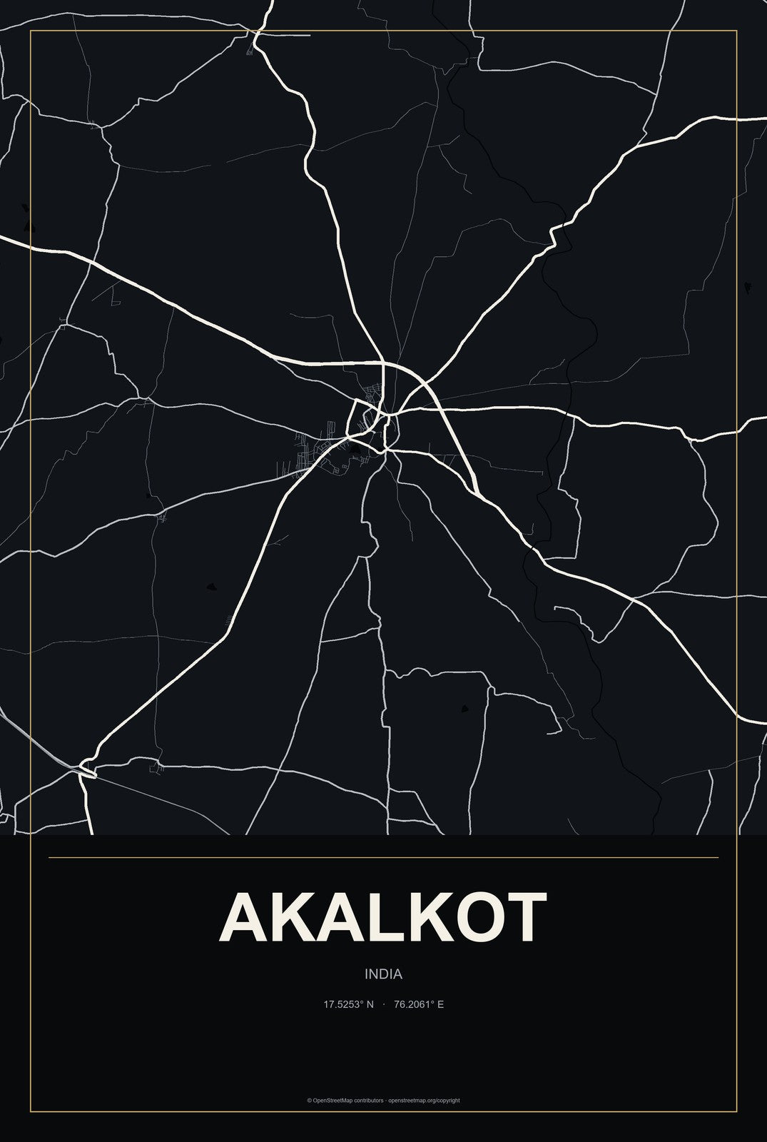 Akalkot, India City Map Aluminum Sign in Metropolitan Noir style