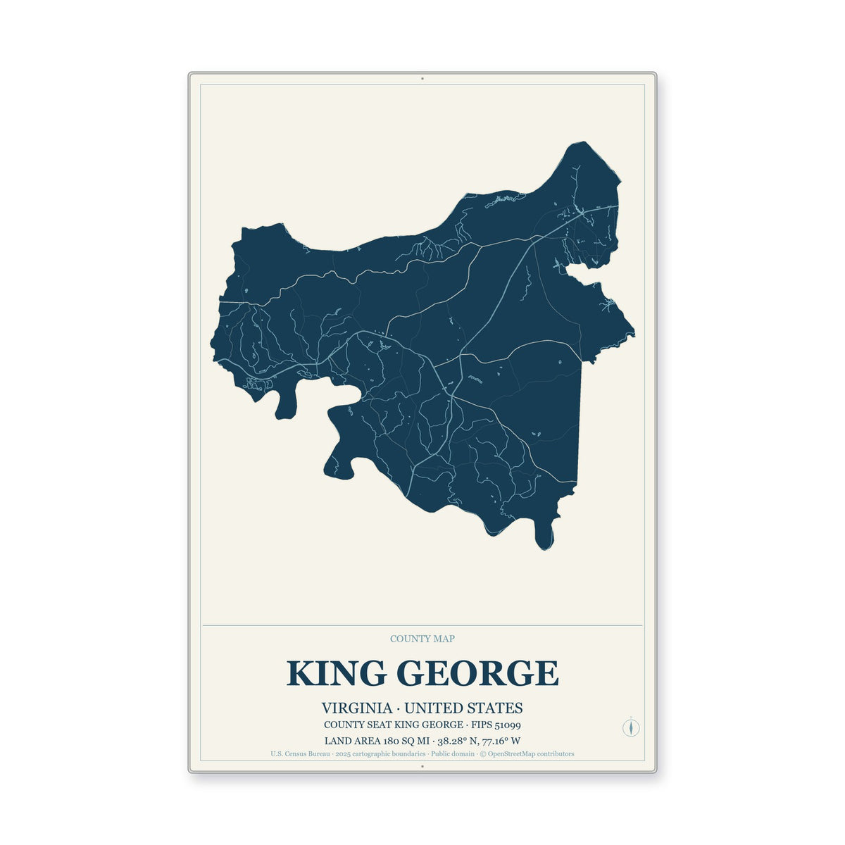 King George County, Virginia Map Aluminum Sign in Coastal Cutout style
