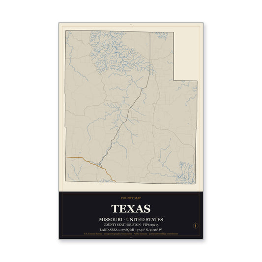 Texas County, Missouri Map Aluminum Sign in Museum Plaque style
