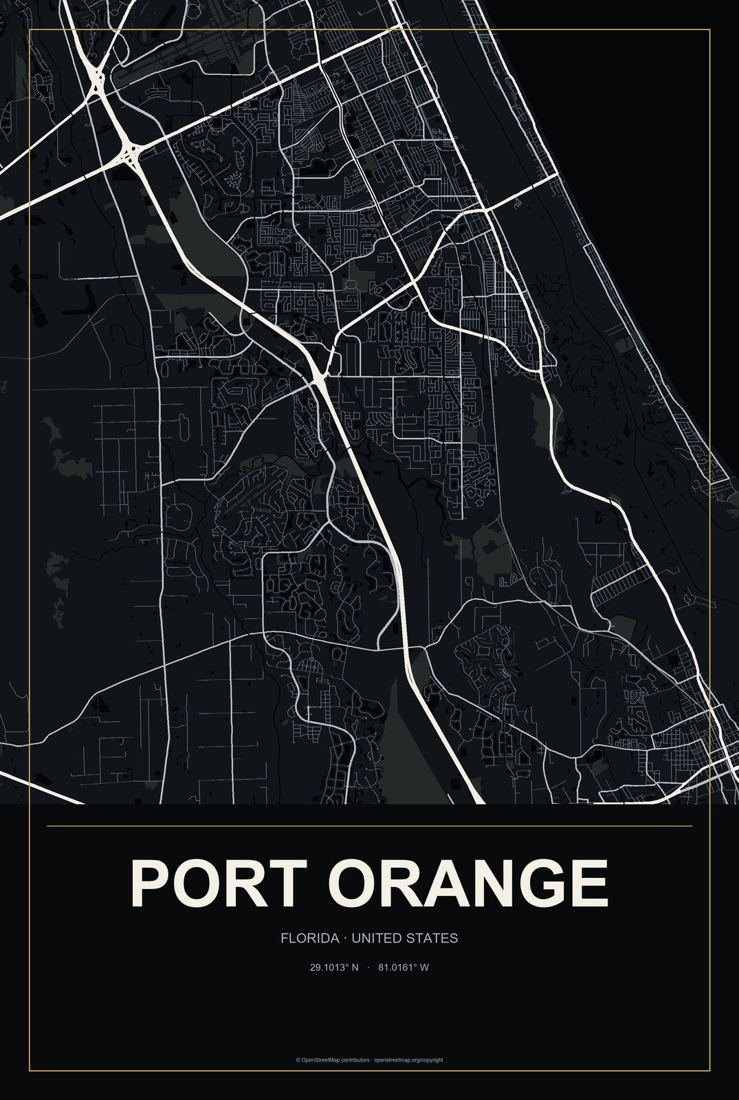 Port Orange, Florida City Map Aluminum Sign in Metropolitan Noir style