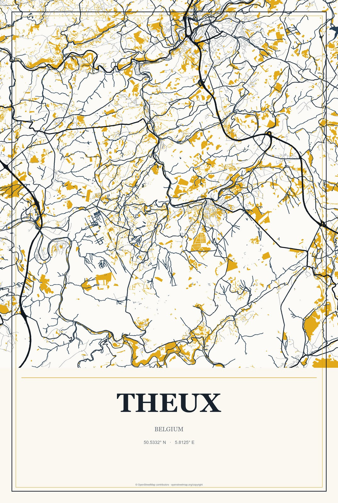 Theux, Belgium City Map Aluminum Sign in Citrine Modern style