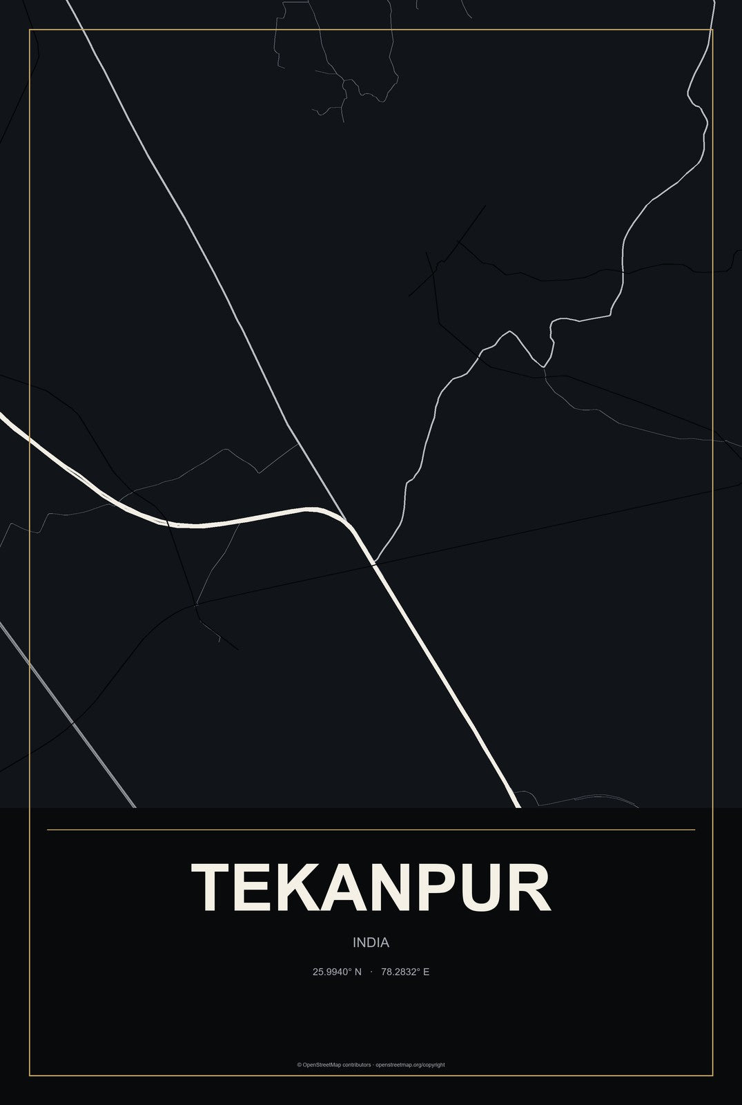 Tekanpur, India City Map Aluminum Sign in Metropolitan Noir style
