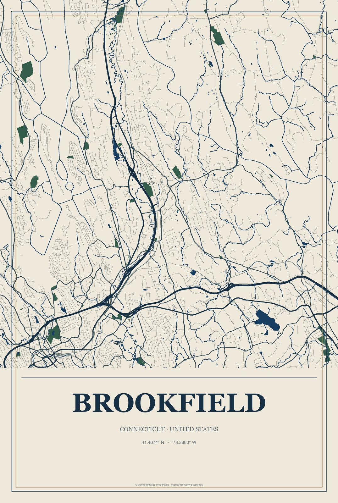 Brookfield, Connecticut City Map Aluminum Sign in Coastal Cutout style