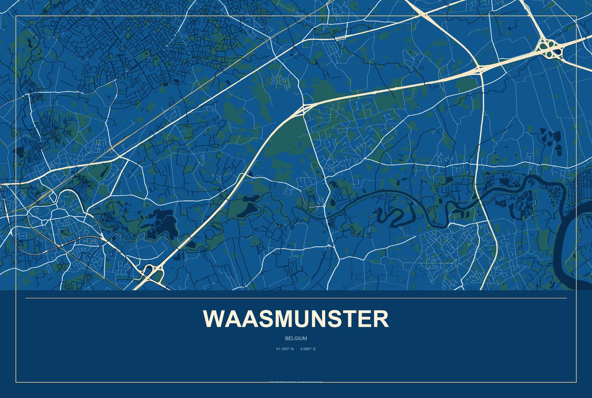 Waasmunster, Belgium City Map Aluminum Sign in Harbor Cobalt style