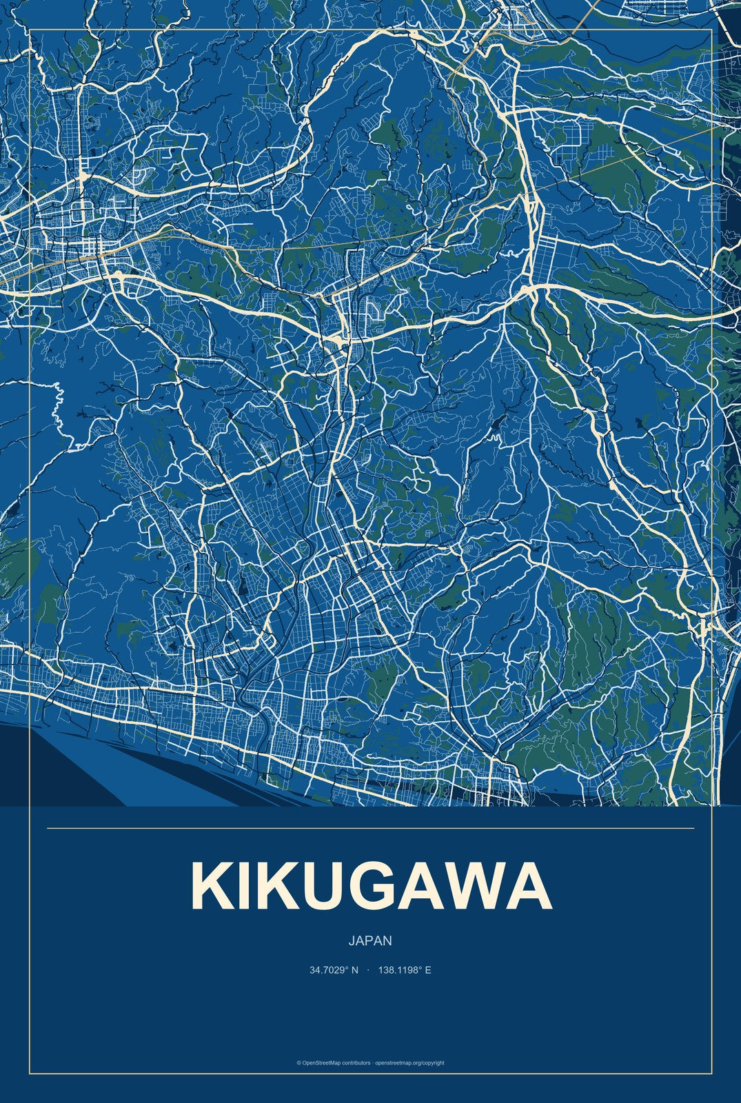 Kikugawa, Japan City Map Aluminum Sign in Harbor Cobalt style