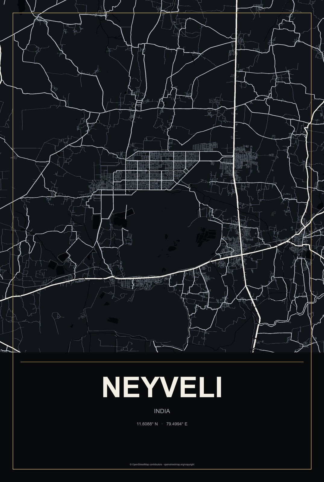 Neyveli, India City Map Aluminum Sign in Metropolitan Noir style