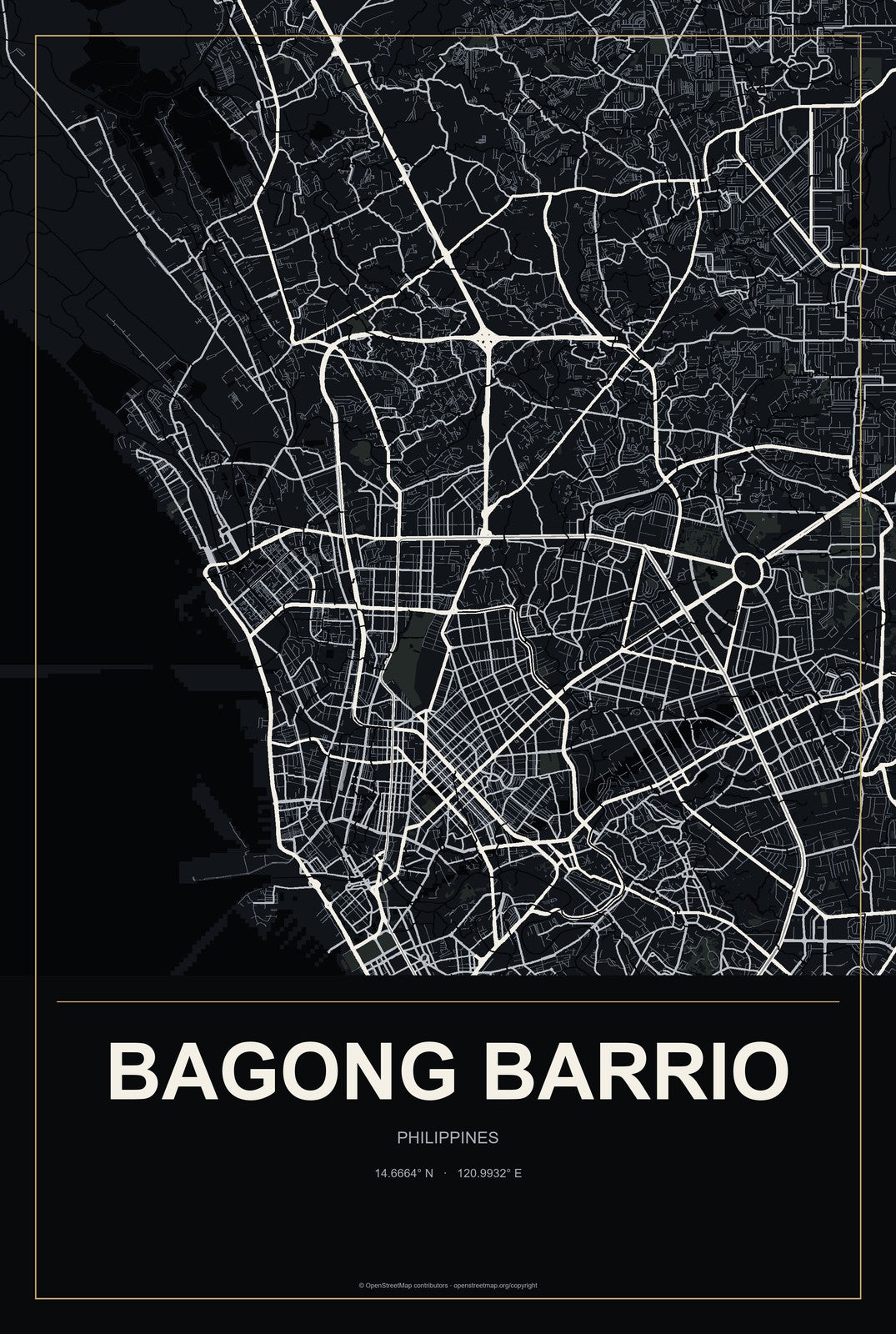 Bagong Barrio, Philippines City Map Aluminum Sign in Metropolitan Noir style