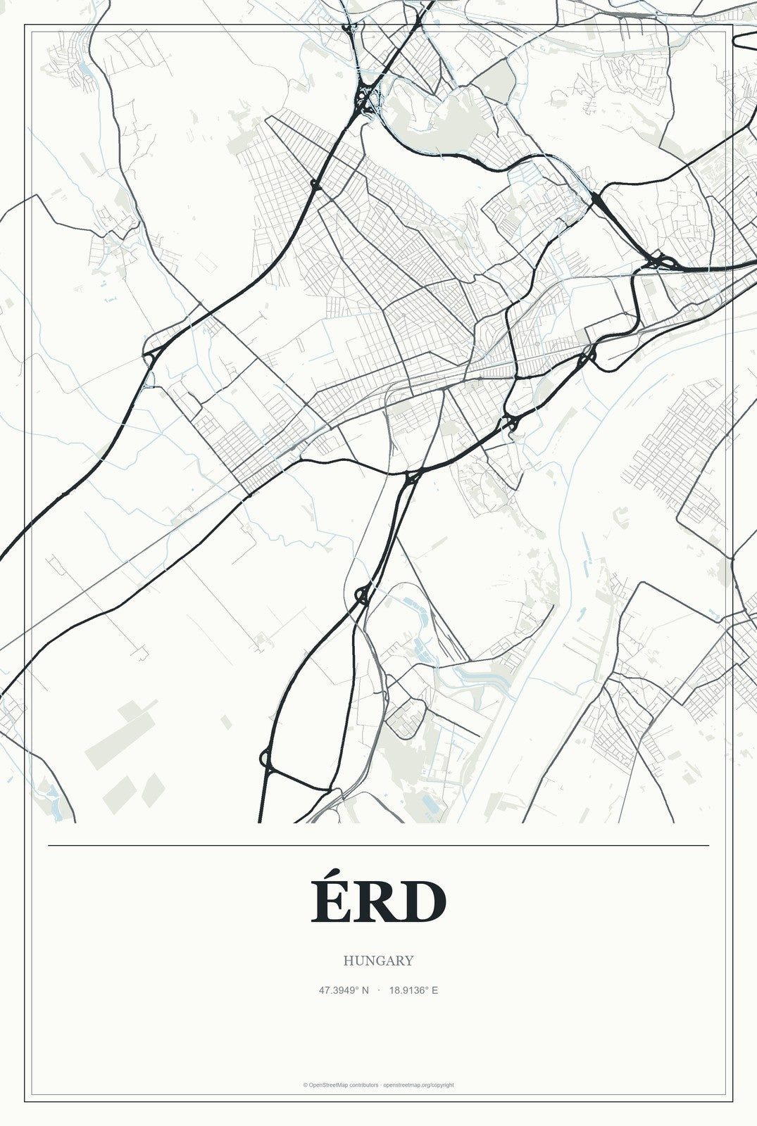 Érd, Hungary City Map Aluminum Sign in Gallery Air style
