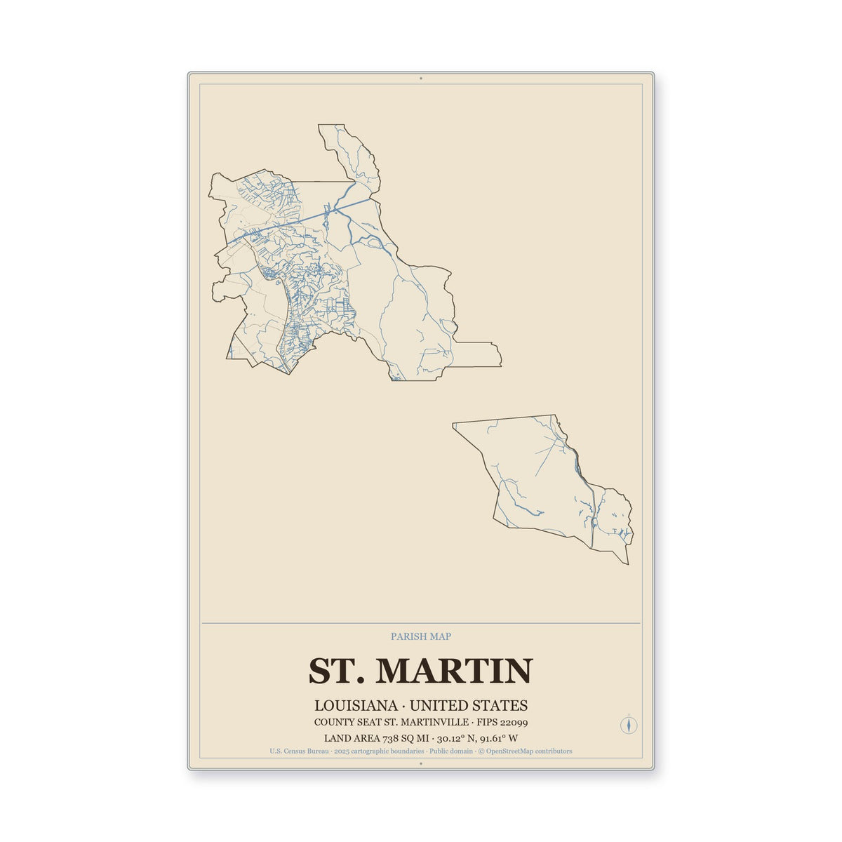St. Martin Parish, Louisiana Map Aluminum Sign in Heritage Nautical style