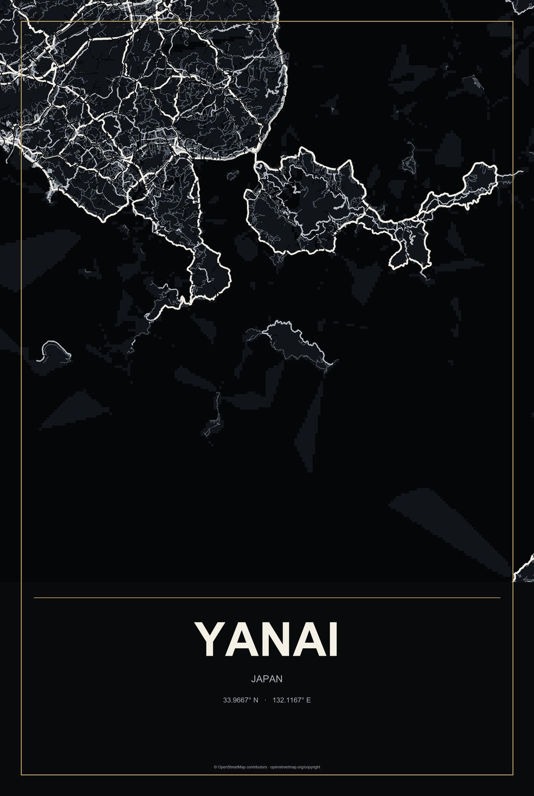 Yanai, Japan City Map Aluminum Sign in Metropolitan Noir style