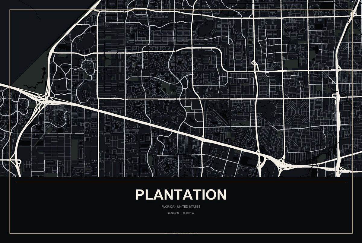 Plantation, Florida City Map Aluminum Sign in Metropolitan Noir style