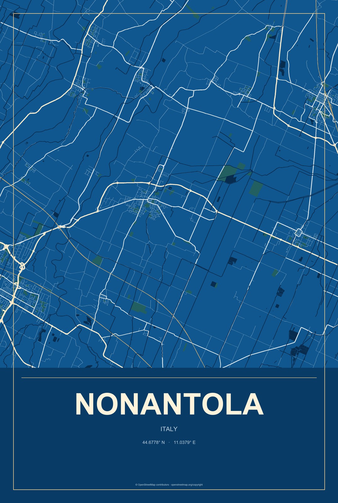 Nonantola, Italy City Map Aluminum Sign in Harbor Cobalt style