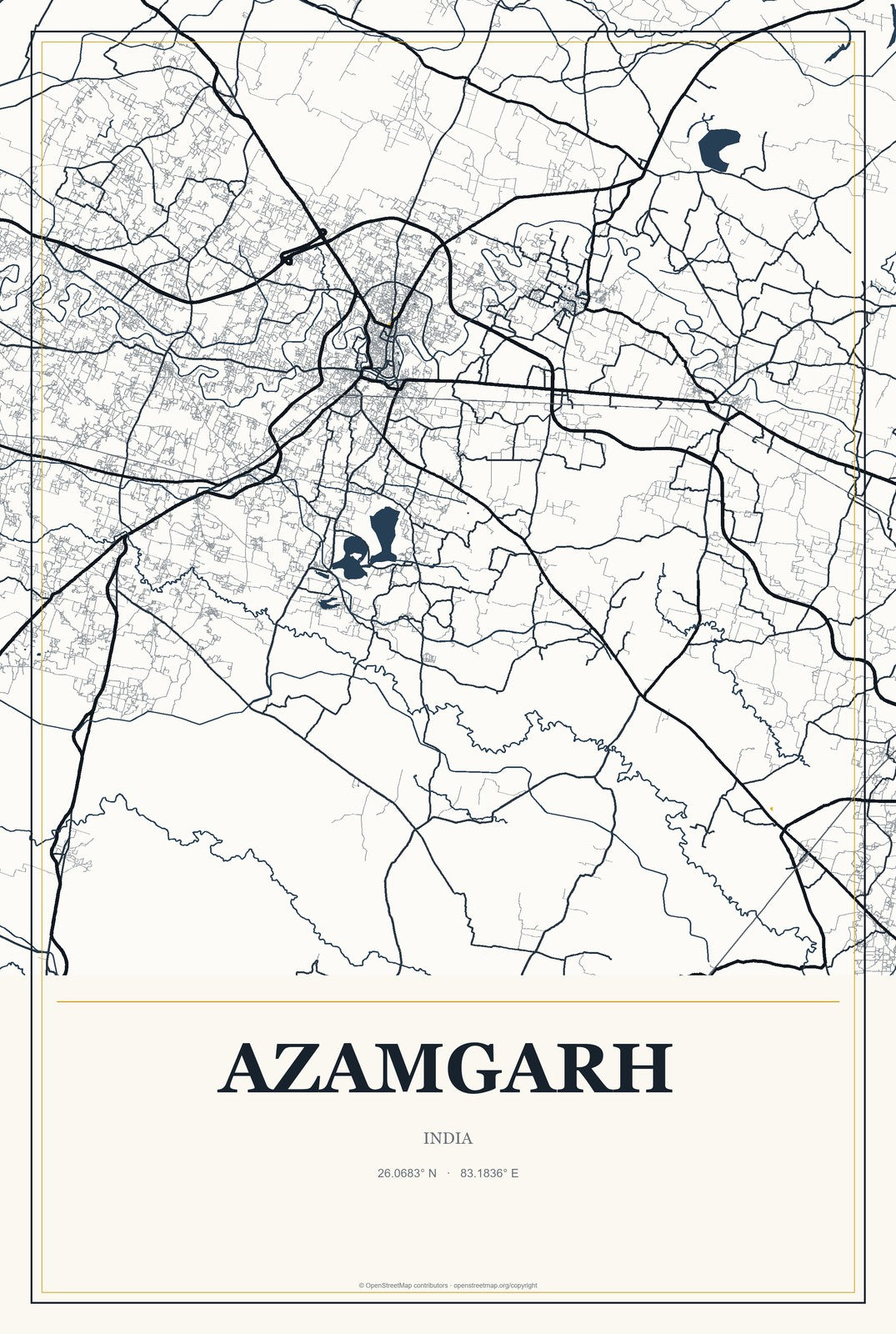 Azamgarh, India City Map Aluminum Sign in Citrine Modern style