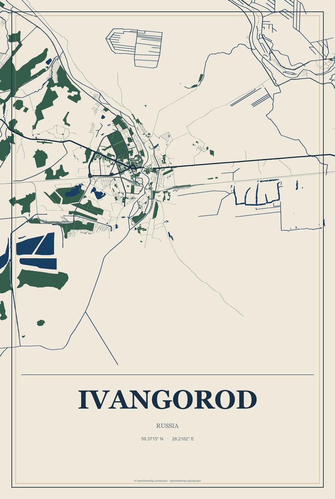 Ivangorod, Russia City Map Aluminum Sign in Coastal Cutout style