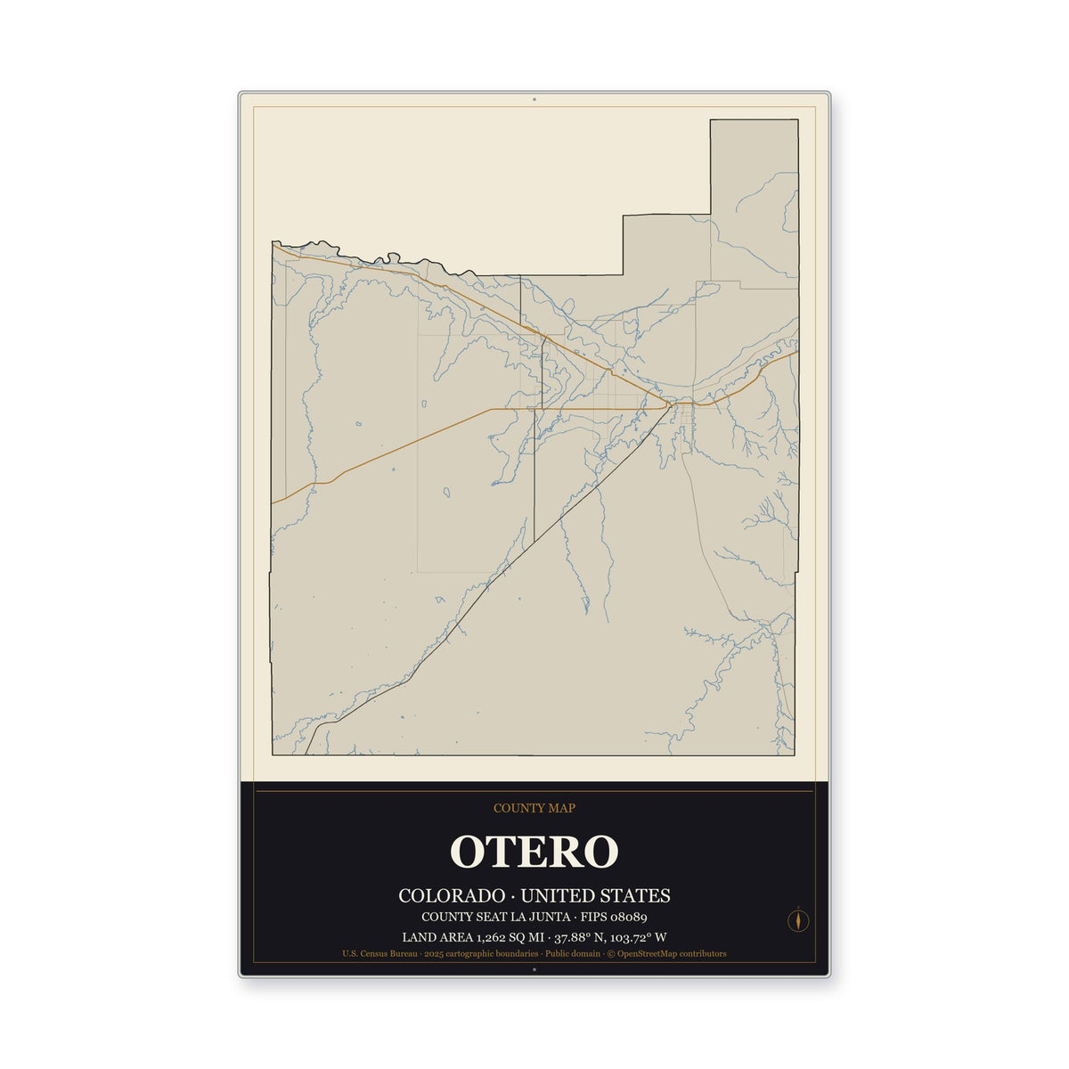 Otero County, Colorado Map Aluminum Sign in Museum Plaque style