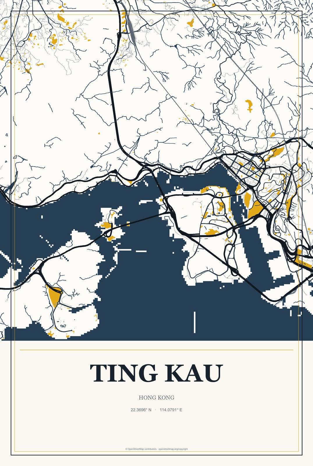 Ting Kau, Hong Kong City Map Aluminum Sign in Citrine Modern style