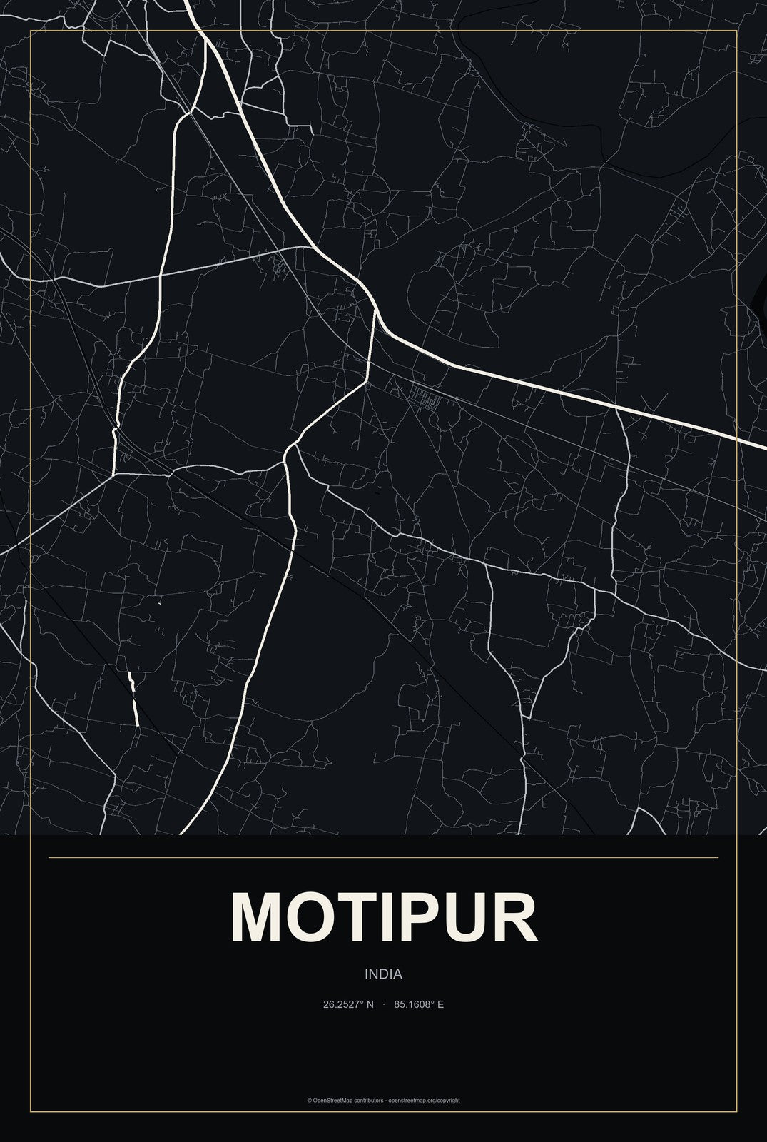 Motipur, India City Map Aluminum Sign in Metropolitan Noir style