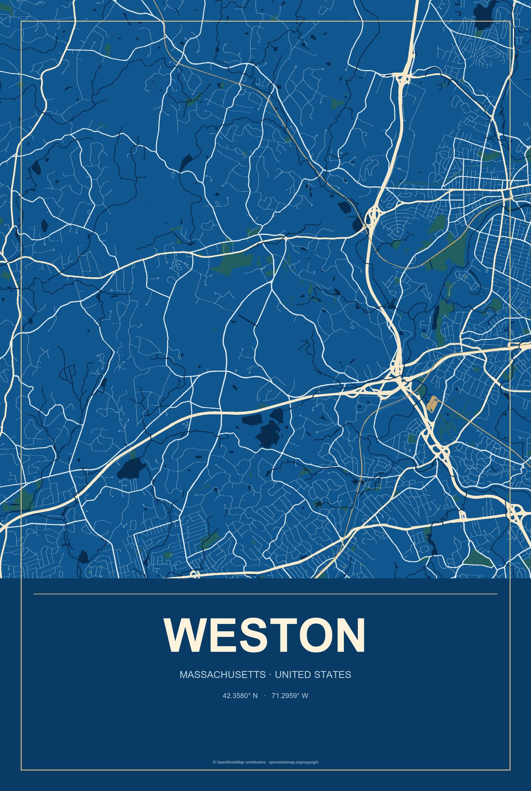 Weston, Massachusetts City Map Aluminum Sign in Harbor Cobalt style