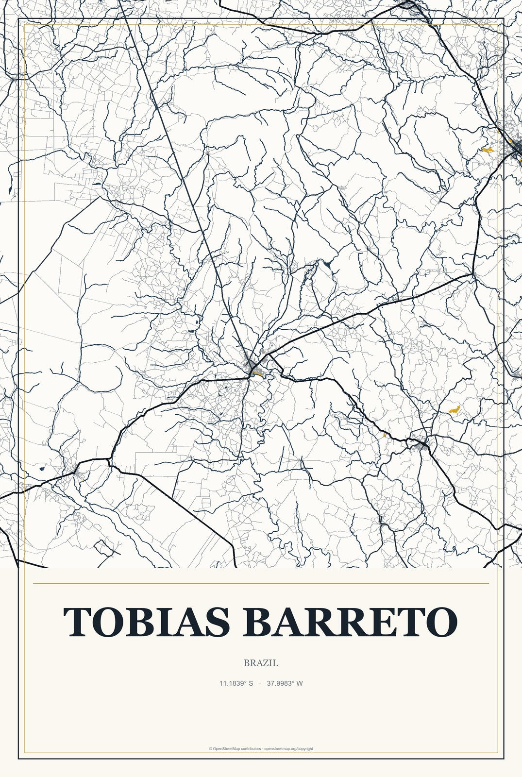 Tobias Barreto, Brazil City Map Aluminum Sign in Citrine Modern style