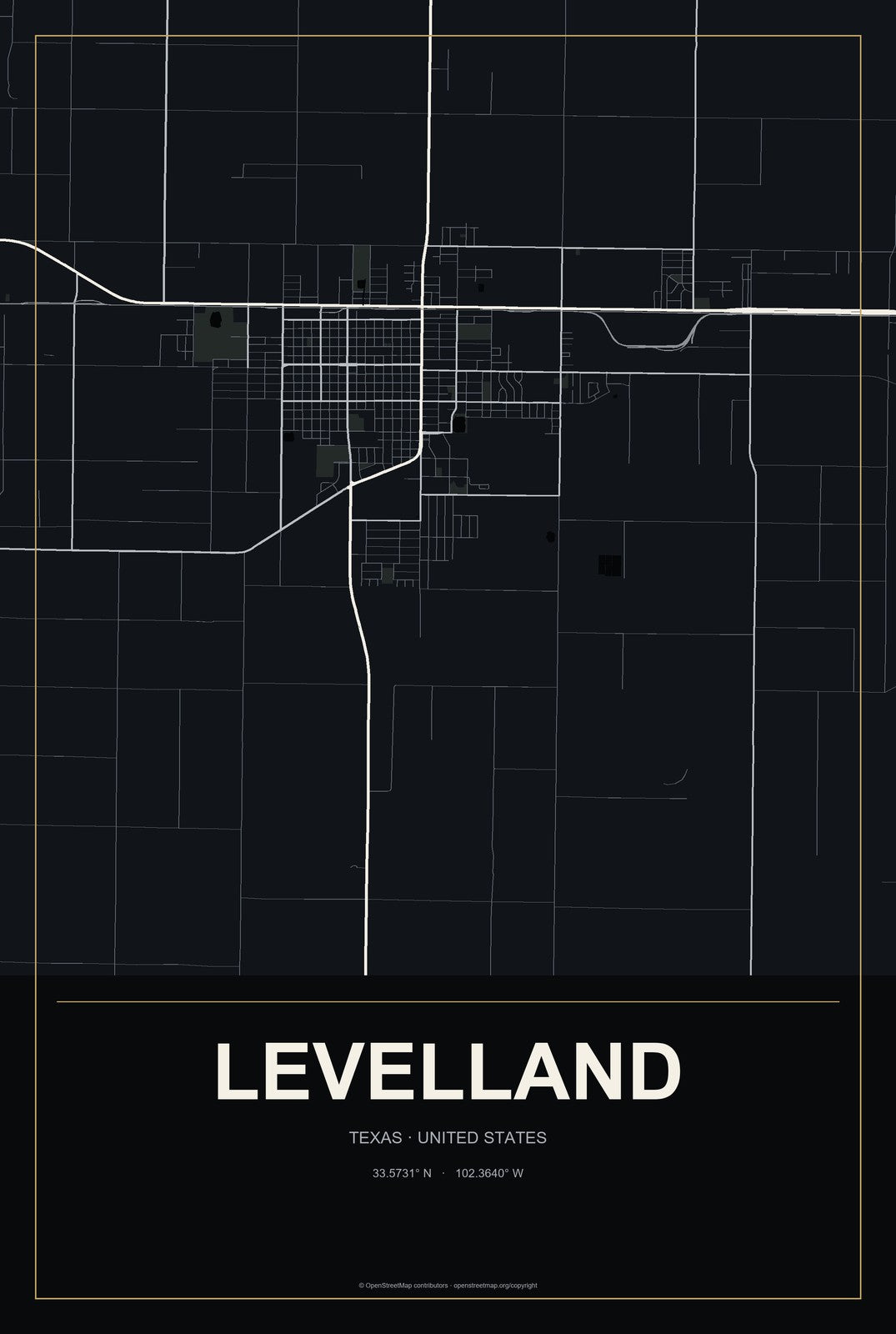 Levelland, Texas City Map Aluminum Sign in Metropolitan Noir style