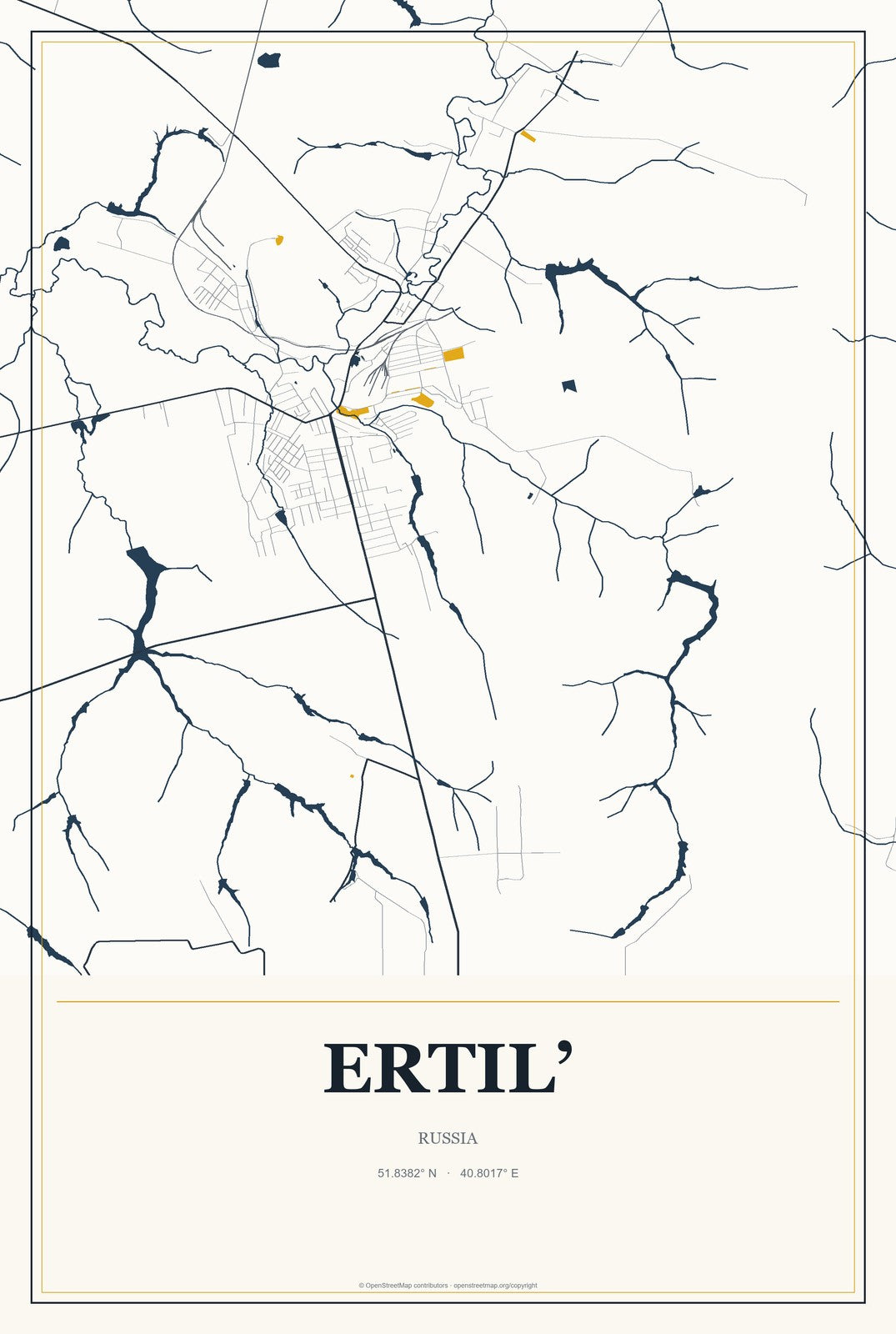 Ertil’, Russia City Map Aluminum Sign in Citrine Modern style