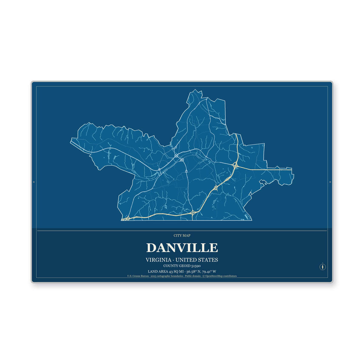 Danville city, Virginia Map Aluminum Sign in Harbor Cobalt style