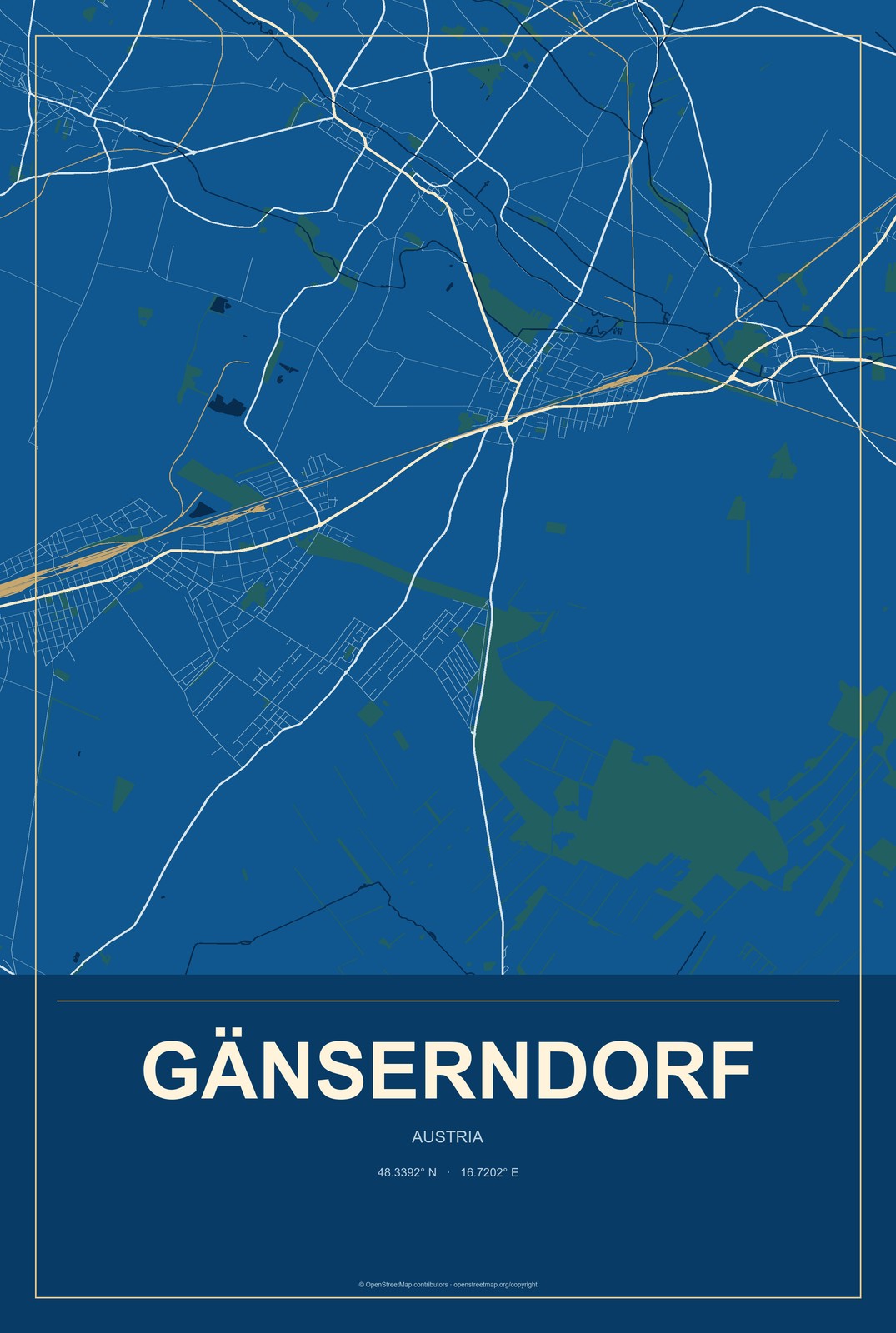 Gänserndorf, Austria City Map Aluminum Sign in Harbor Cobalt style