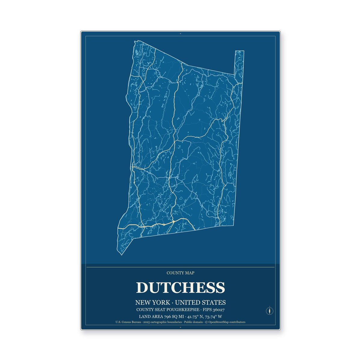 Dutchess County, New York Map Aluminum Sign in Harbor Cobalt style