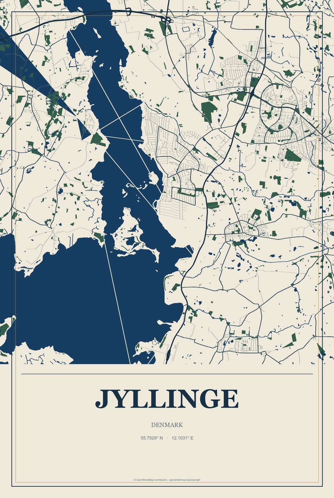 Jyllinge, Denmark City Map Aluminum Sign in Coastal Cutout style