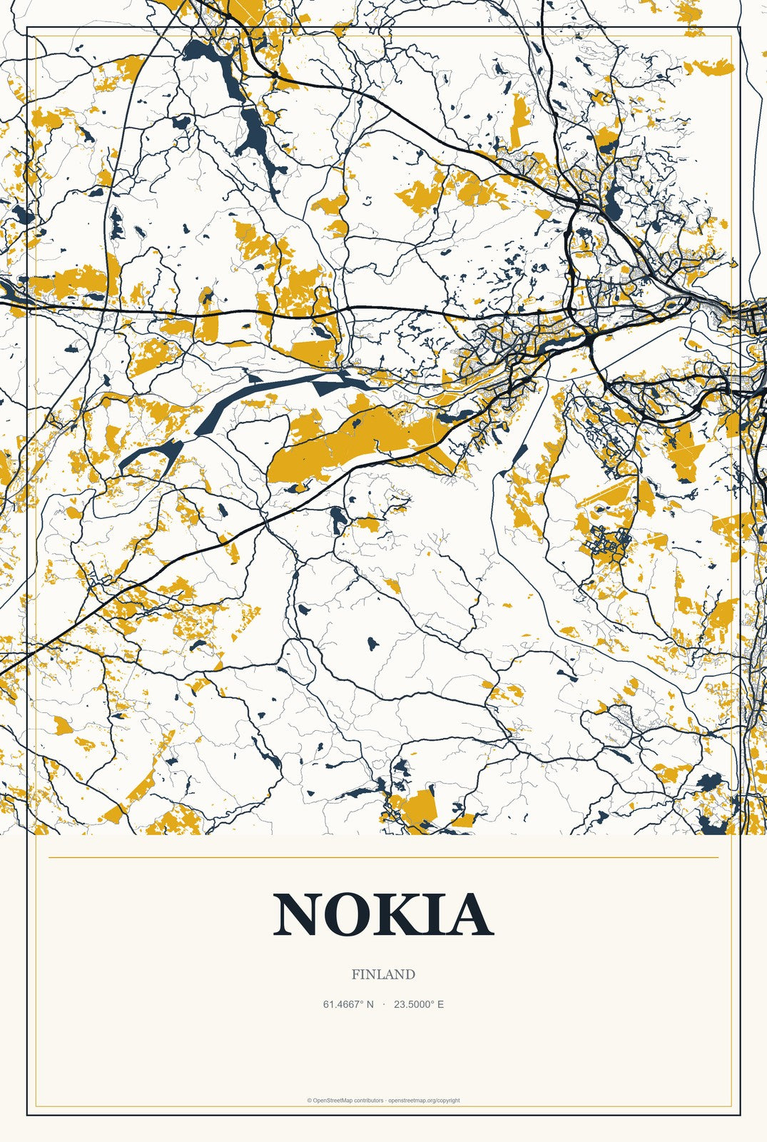Nokia, Finland City Map Aluminum Sign in Citrine Modern style