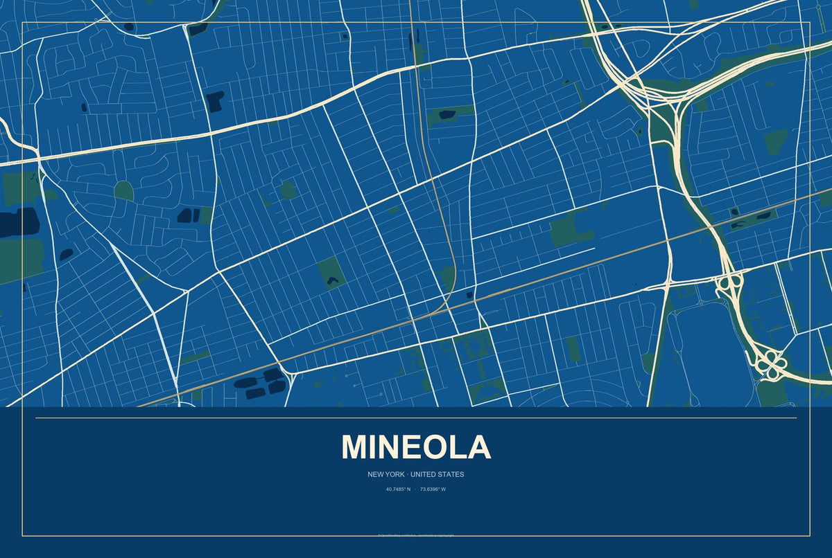 Mineola, New York City Map Aluminum Sign in Harbor Cobalt style