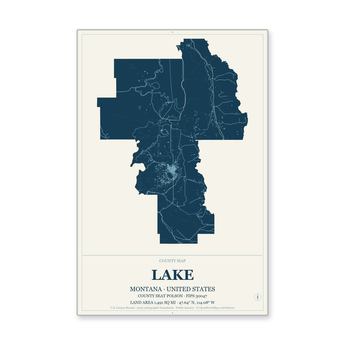 Lake County, Montana Map Aluminum Sign in Coastal Cutout style