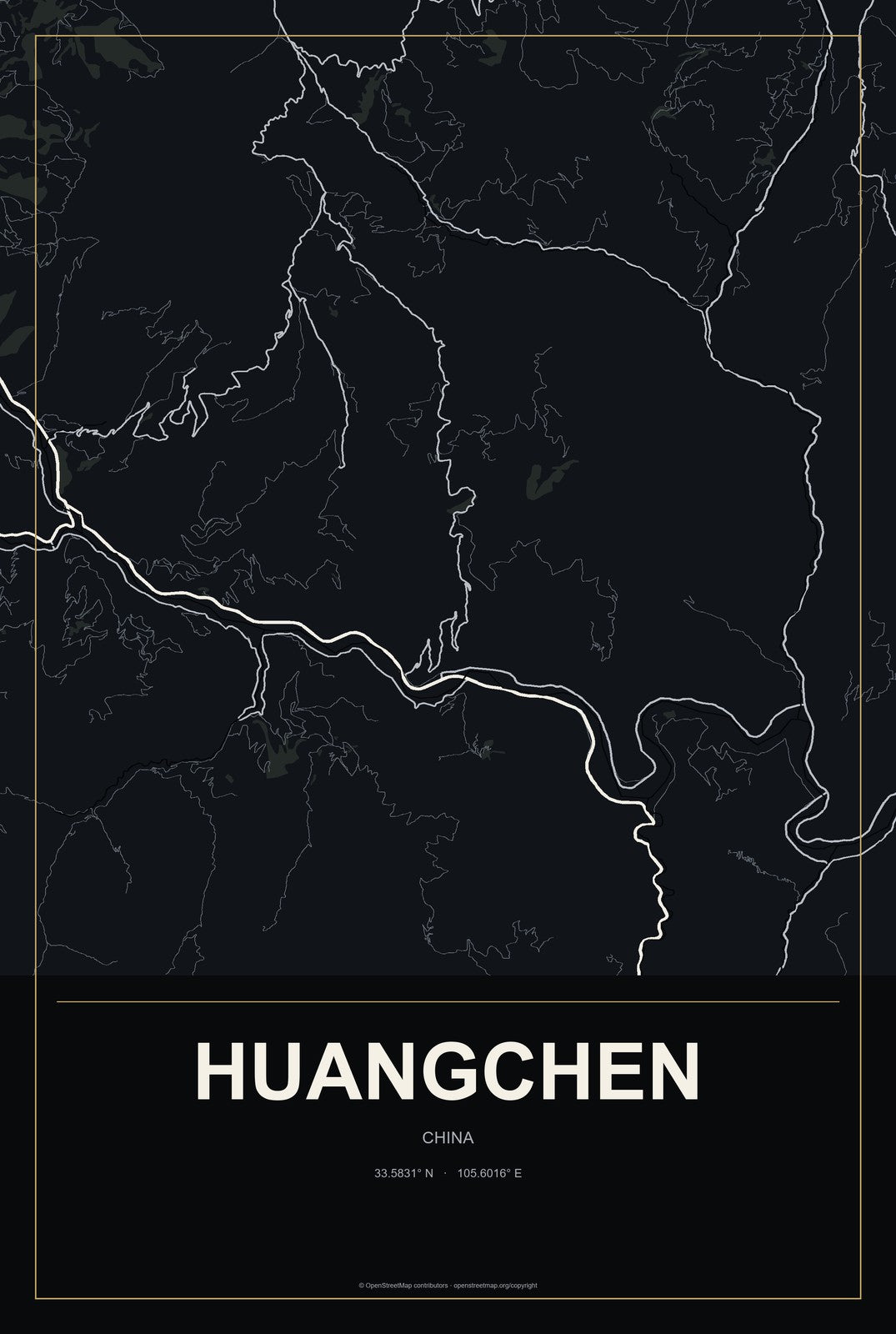 Huangchen, China City Map Aluminum Sign in Metropolitan Noir style