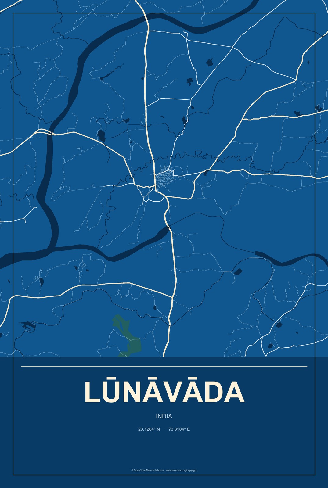 Lūnāvāda, India City Map Aluminum Sign in Harbor Cobalt style